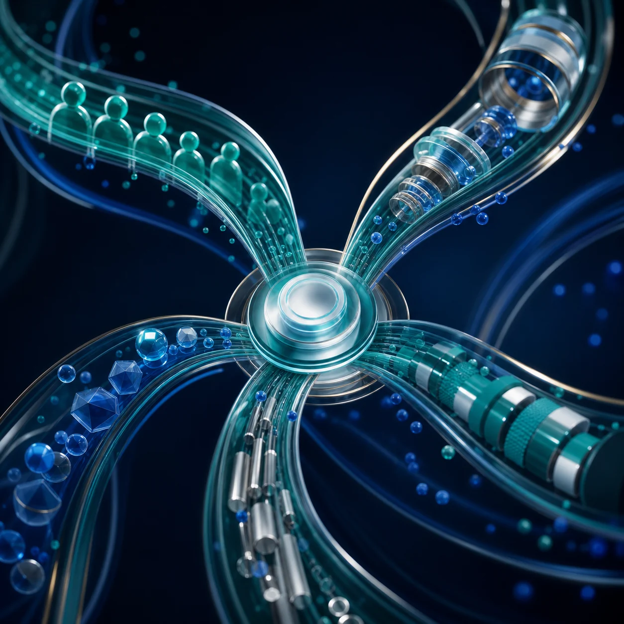 Five synchronized operational streams flowing into one central hub